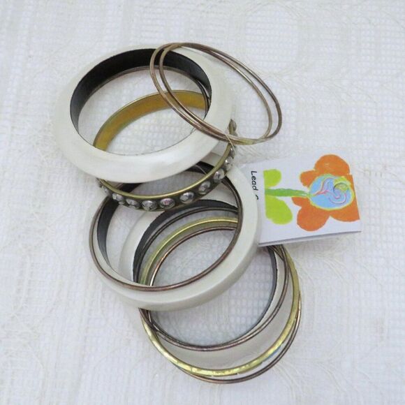 Set of 11 Bangle Bracelets Women Cream, Gold Toned, Multi Color, Casual Jewelry - Picture 2 of 8